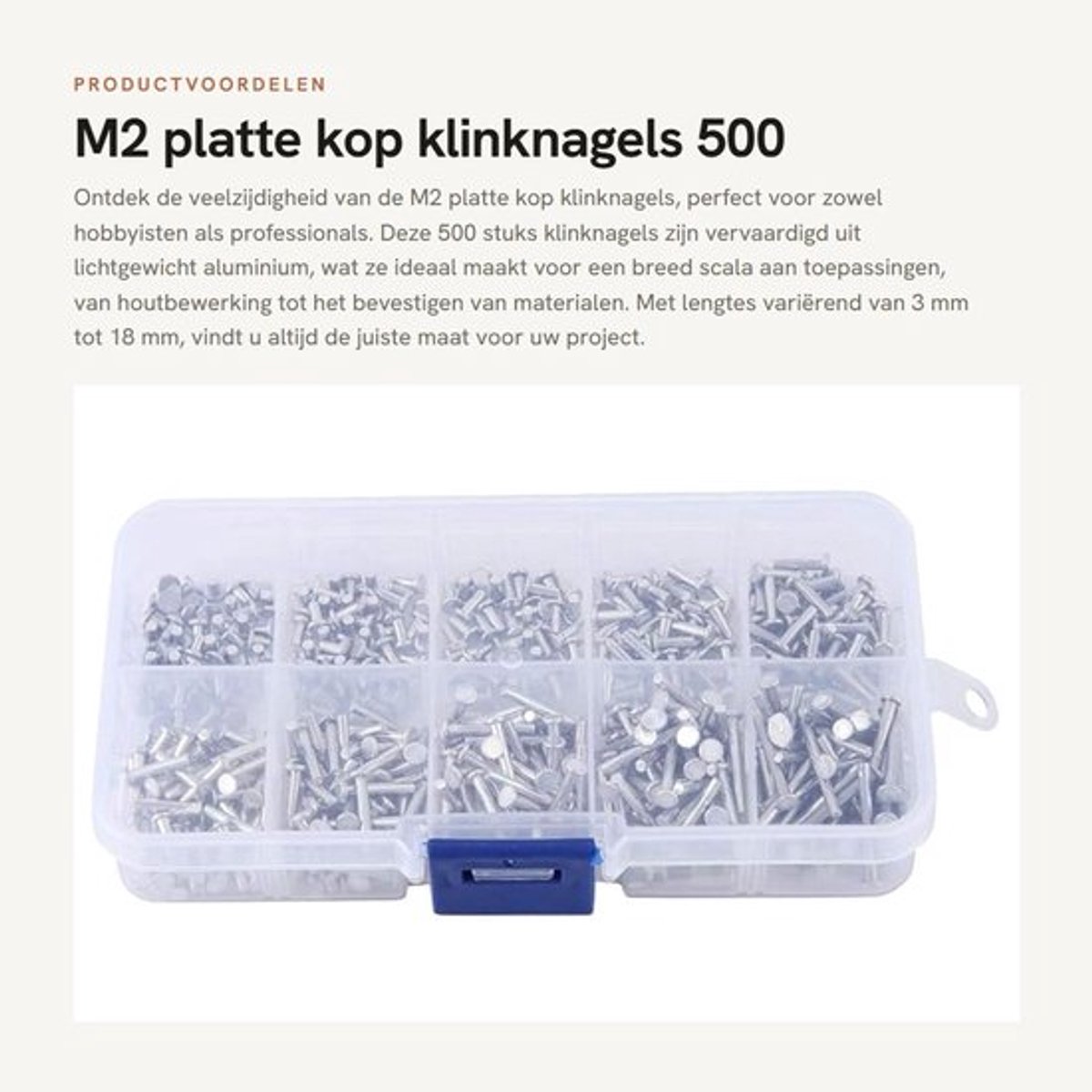 Klinknagels 500 Stuks - Aluminium Klinknagels - Platte Kop - M2 x 3/4/5/6/8/10/12/14/16/18 mm - Vaste Klinknagel - Gloednieuw - Vastelinknagels