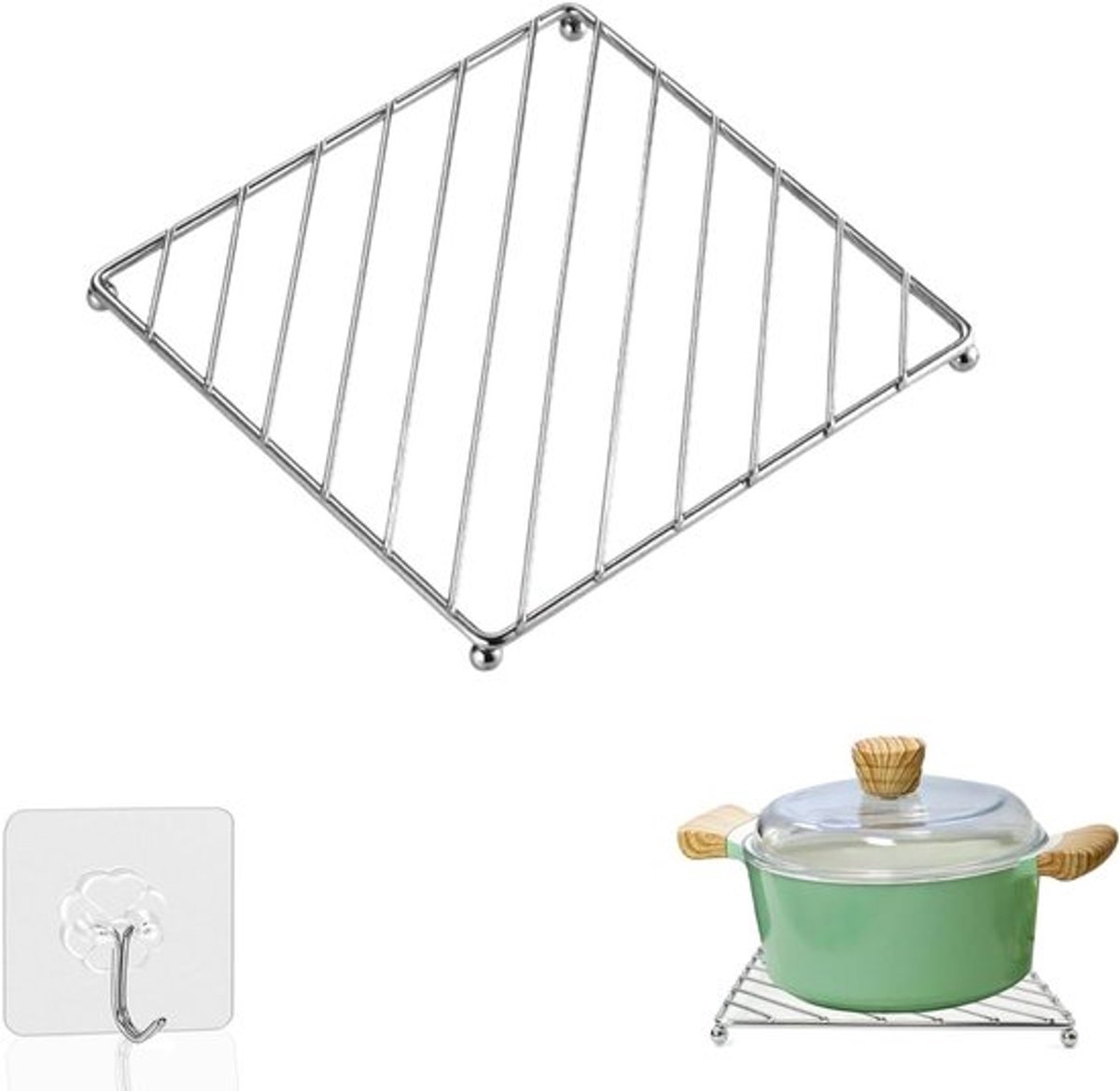 Roestvrijstalen pan en panbeschermer met haken, 18,5 x 18,5 x 1,5 cm, krasbestendige separator voor het beschermen van oppervlakken, ideaal voor keukenorganisatie en ruimtebesparing
