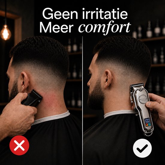 Vergelijking: linker afbeelding toont rode huidirritatie na gebruik van een tondeuse; rechter afbeelding toont comfortabel scheren met Royce tondeuse.