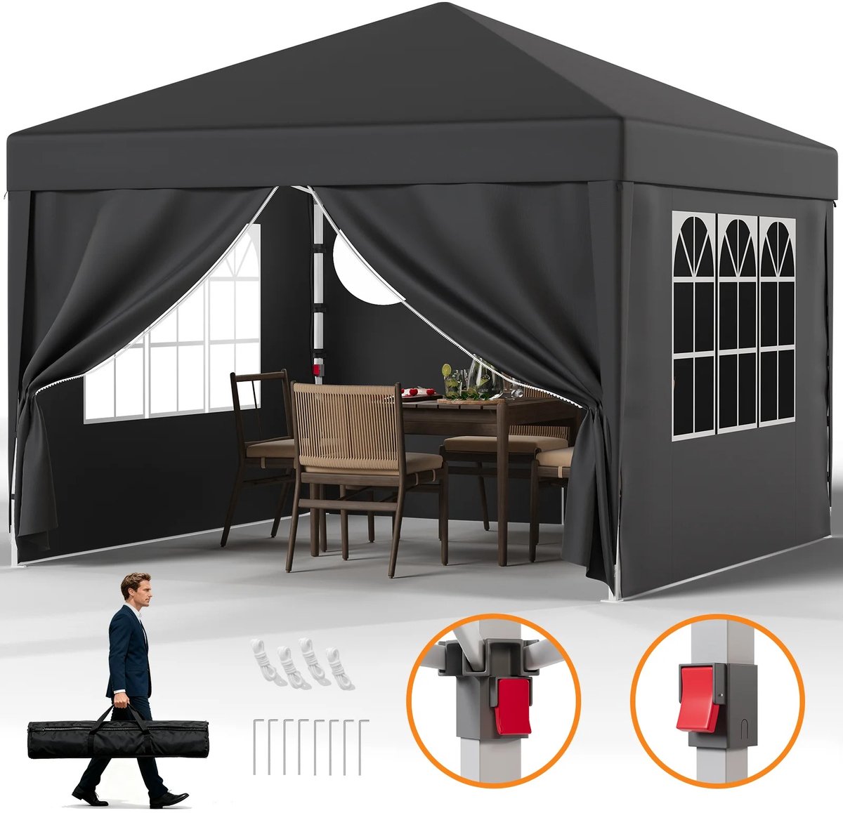 Chelsey-store - Partytent – Partytent 3 x 3 – Tuinpaviljoen - Feesttent - Afneembare zijkanten - UV50+ bescherming - Grijs