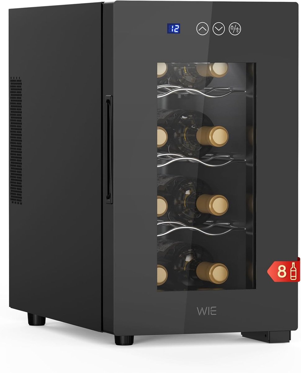 Wijnkoelkast 8 Flessen - 23 Liter - Thermo-elektrische Wijnklimaatkast - Instelbaar 5-18°C - Touchscreen - LED-verlichting - UV-werende Spiegelglasdeur - Stille Wijnkoeler - Zwart