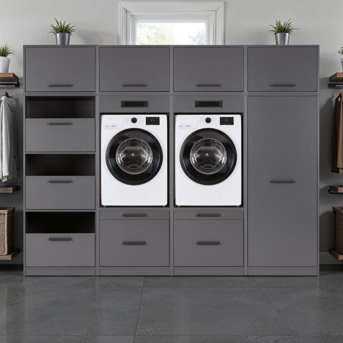 Interlink Lifestyle Studio Flow wasruimtecombinatie Bundel 3 antraciet - Complete wasruimte met 2 wasmachinekasten, 2 opbergkasten en 4 bovenkasten - Uittrekbare werkbladen - Softclose - Aluminium grepen - 268 x 68 x 208 cm