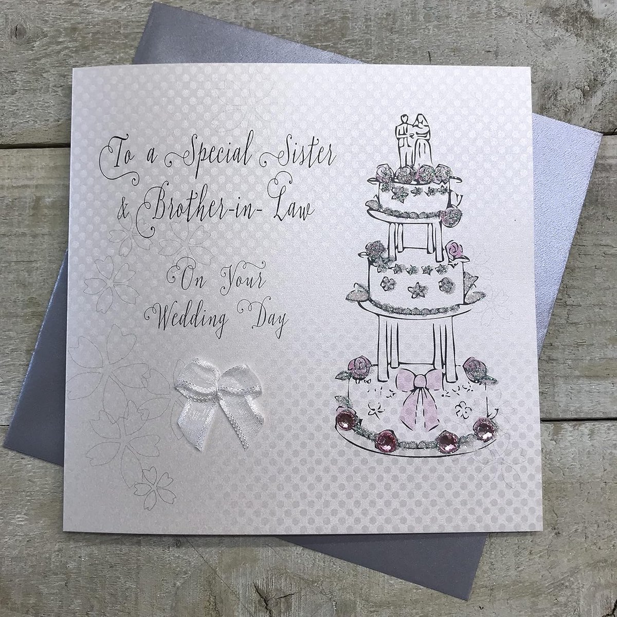 SnelShoppen - Witte Katoenen Kaart BD26 Bruiloft Gefeliciteerd Kaart voor Zus en Schoonzoon, Handgemaakt met Glitter en Strass, 16 x 16 cm met Envelop