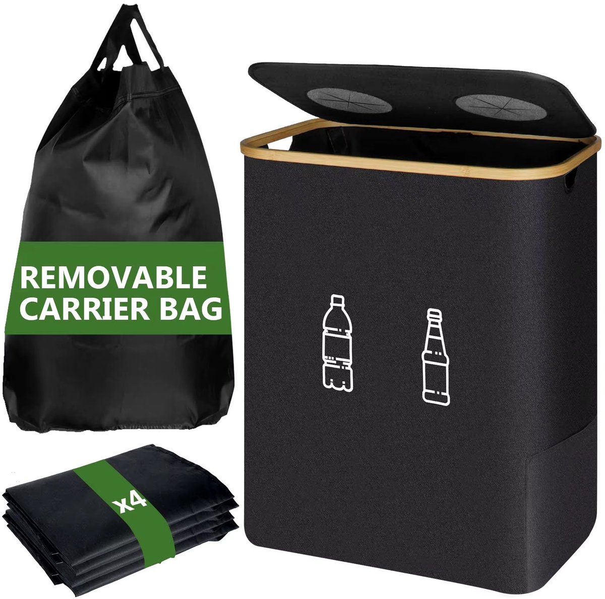 Cherrys Finds - flesafgiftecontainer - recycle bakken - prullenbak - opvouwbaar - geurdichte deksel - 160L - Zwart en Groen