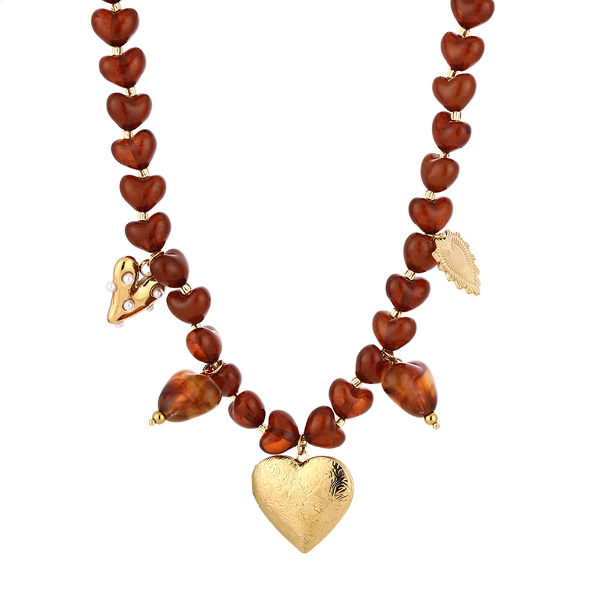 Beaded Heart Charm Chain Necklace – Luxe Kralen Ketting met Bedels – RVS - Bruin