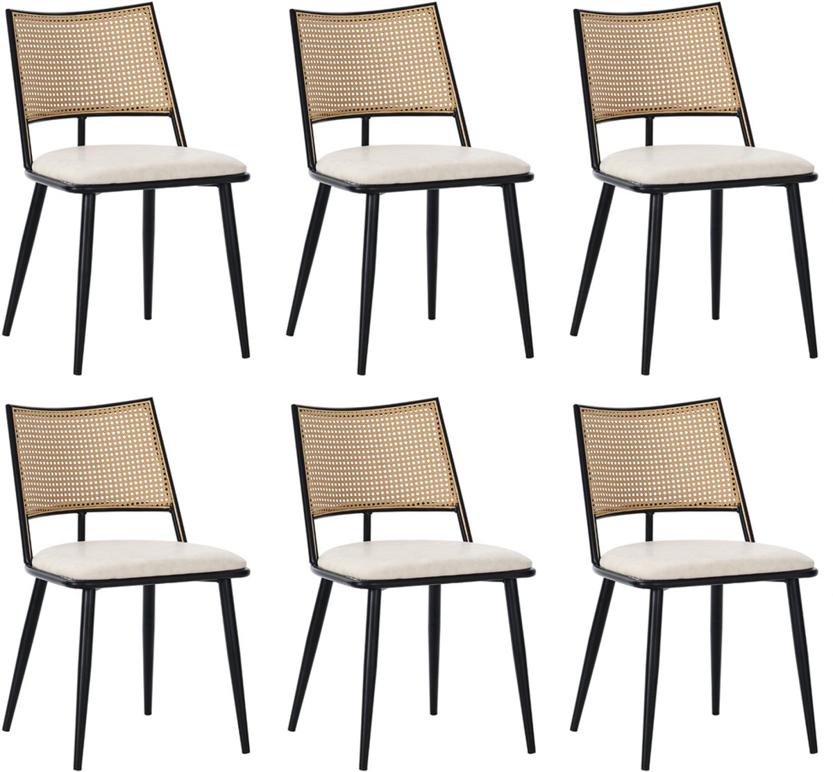 Pugsdrly 6 eetkamerstoelen, PU-zitting, rotan rugleuning, woonkamer, slaapkamerstoel, zwart