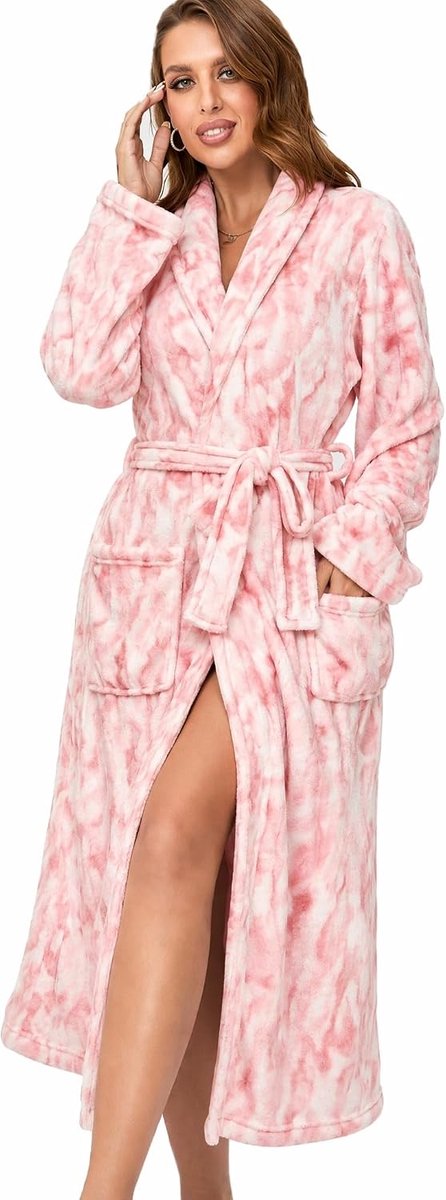 Dames Fleece Badjas met Shawl Kraag - Lange Warme Slobkous - Zachte Woonjurk met Zakken