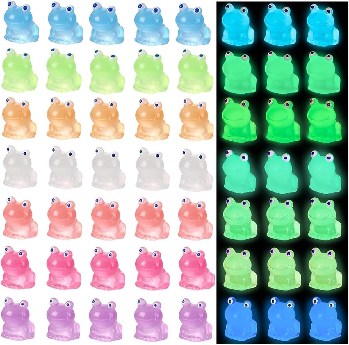 35 stuks lichtgevende mini-kikkers, kleine kikker, miniatuur harsmodel, geschikt voor poppenhuisdecoratie, aquariumspeelgoedornament (7 kleuren)
