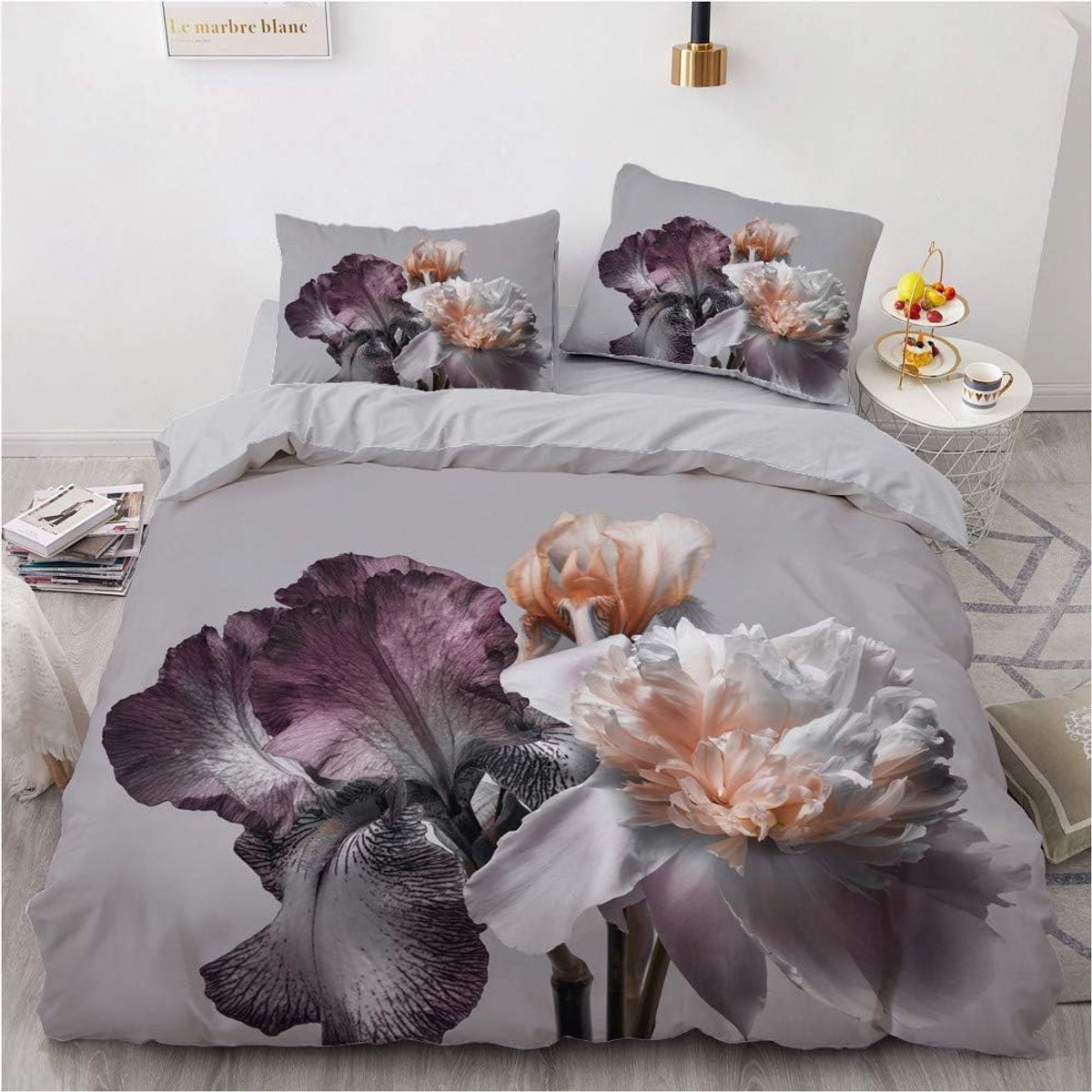 beddengoed 135x200cm 4-delig grijs bloemen floraal esthetisch beddengoed-set voor tweepersoonsbed zacht microvezel vintage bloemenpatroon dekbedovertrek en 2 hoofdkussenslopen 80 x 80cm