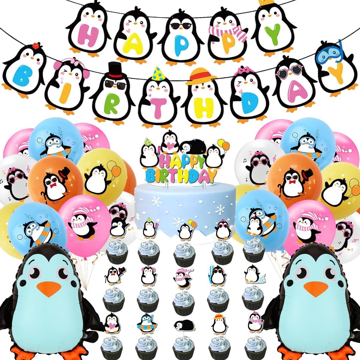 Pinguini verjaardag, 39 stuks, decoratie, verjaardag, pinguïns, banner, verjaardag, taarttopper, decoratie voor kinderen, decoratie voor themafeesten, pinguïn