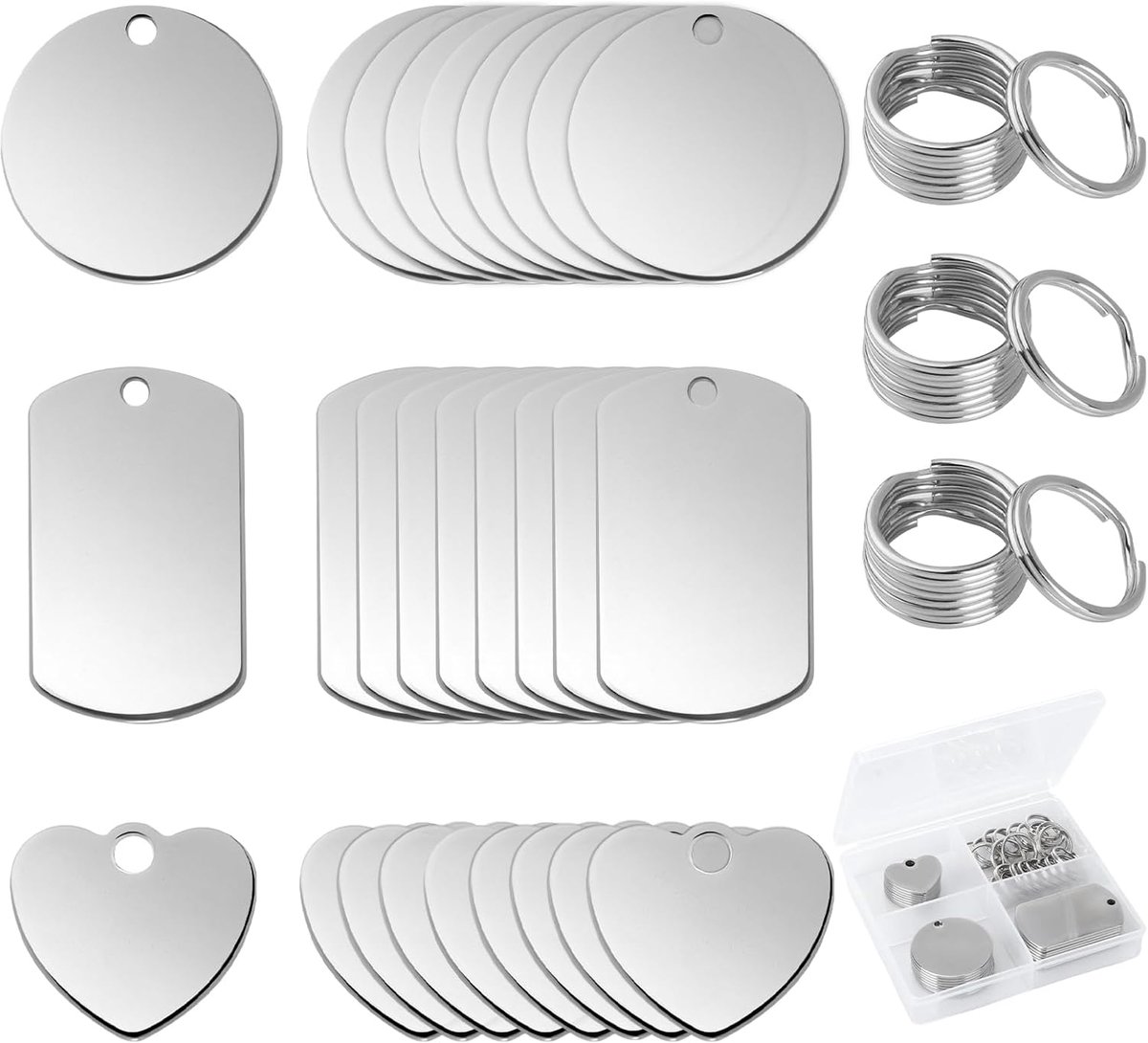 24 stuks roestvrij stalen hangers, blanco, ronde/rechthoekig/hartvormige lege hangers, sleutelhangers, stansen, onbewerkte hondentags met sleutelhanger, blanco stempellabels voor halskettingen