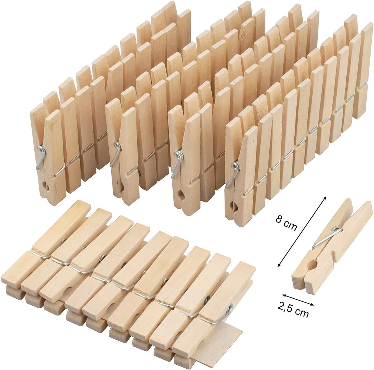 Wasknijpers, 50 stuks, onbehandelde houten wasknijpers, waslijnknijpers, duurzaam, winddicht, voor wasgoed, grote houten wasknijpers
