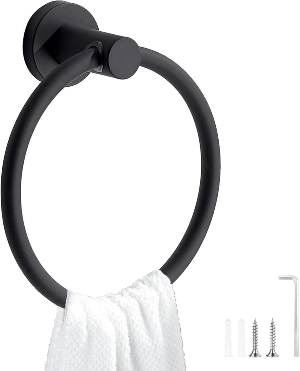 1 stuk handdoekring met haak voor handdoek, rond, zwart, sterke lijm, handdoekring voor het ophangen van handdoeken, badhanddoeken enz.