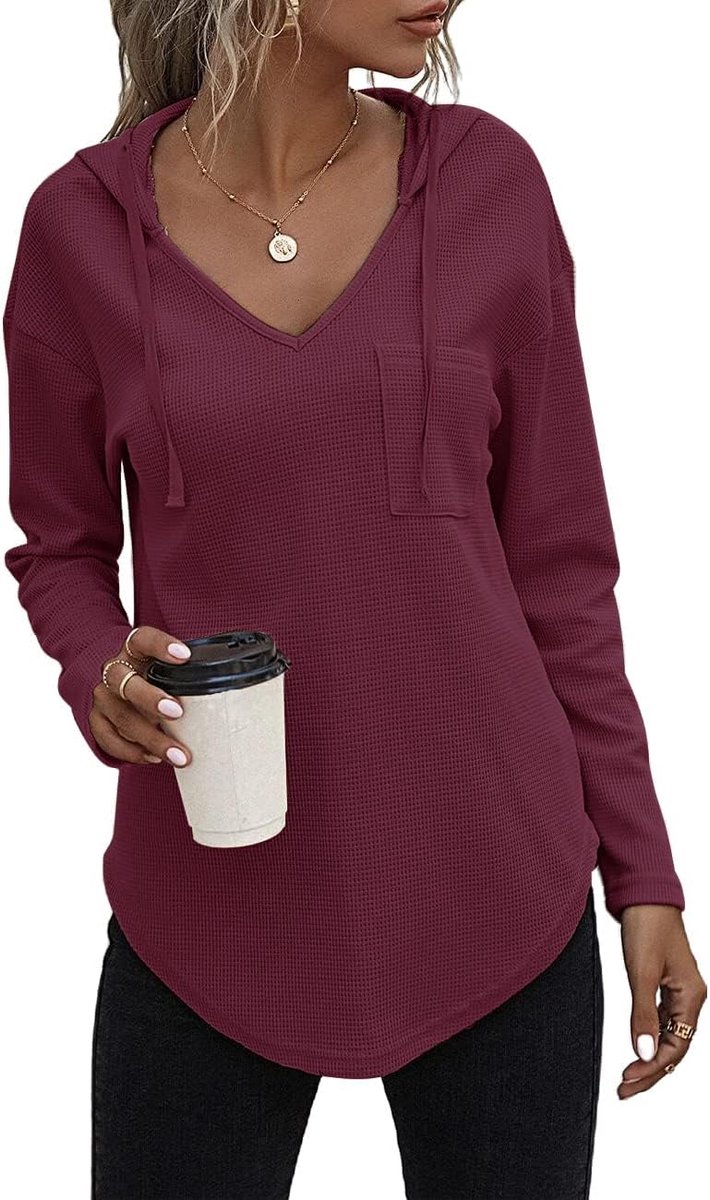 Pullover, dames, hoody, lange mouwen, V-hals, sweatshirt, effen, trekkoord, top