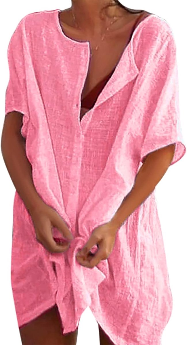 Strandjurk voor dames, transparant, katoen, bikiniblouse, cover-up losse zomercamisolen en pareo's, effen, casual, strandkleding met knoop, badpakken