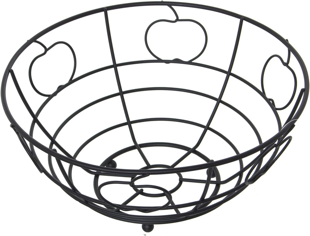 Ronde fruitschaal met zwarte appels van metaal, 24 x 12 cm