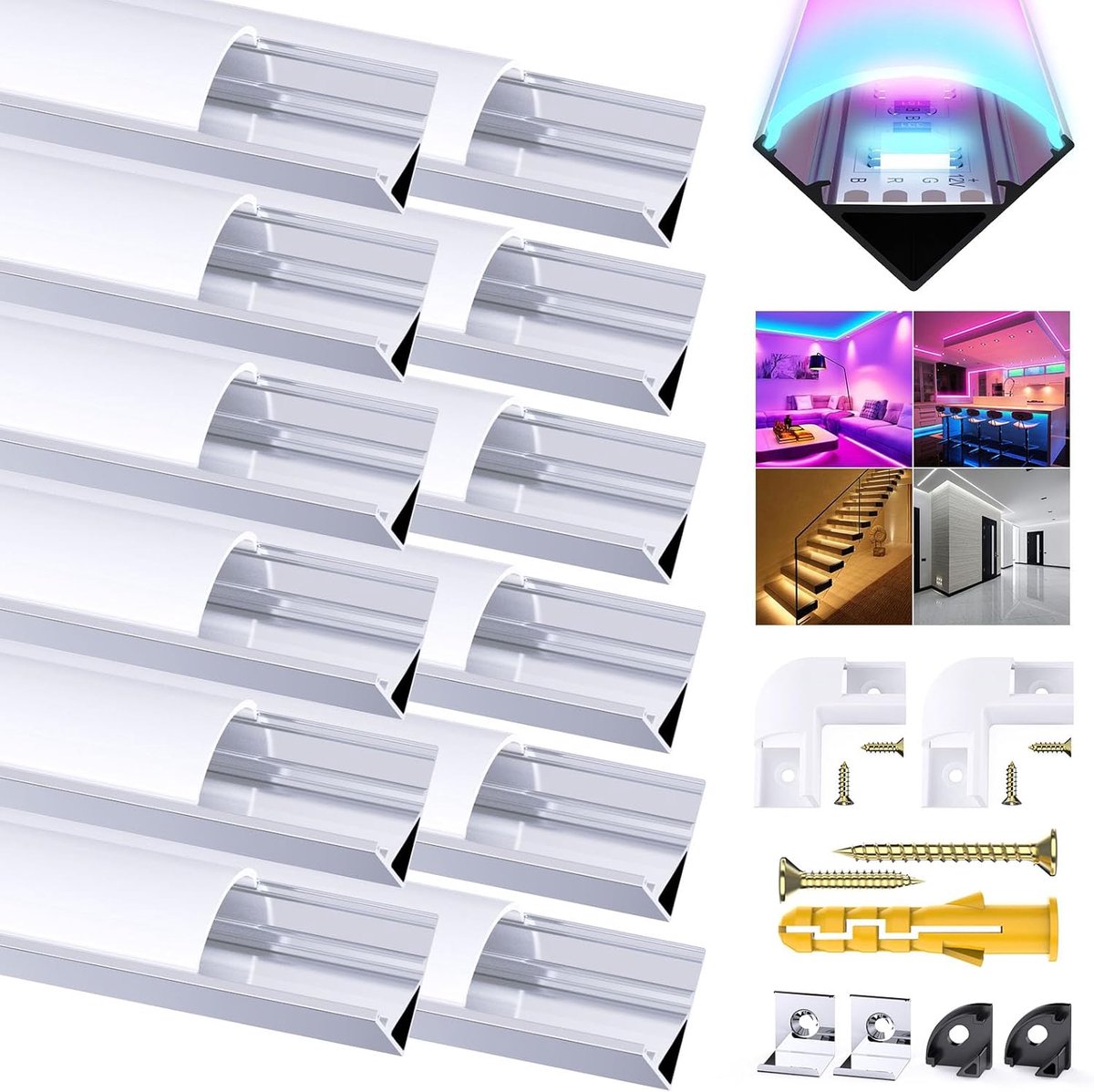 LED aluminium kanaal 12x1m, V-vorm stripprofiel voor LED-strips/banden tot 12 mm incl. lichtverdelerprofiel met melkwitte afdekking, eindkappen, montageklemmen en 45-graads hoekverbinders