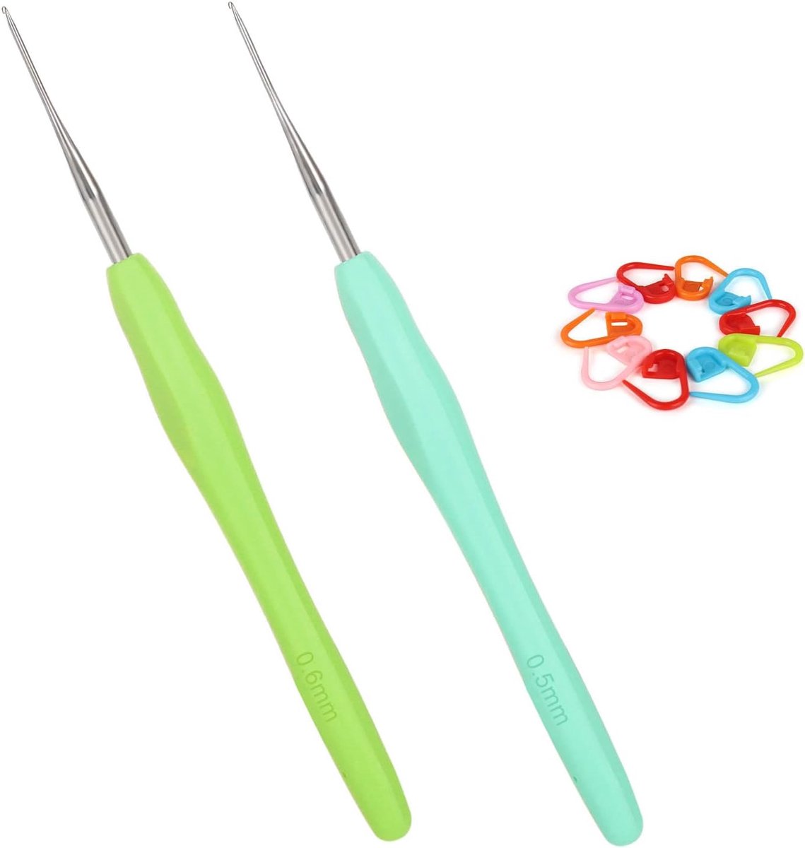 Haaknaalden - 2 kleine haaknaalden voor punten en punt, ergonomische softgrip van TPR, 0,5 - 0,6 mm