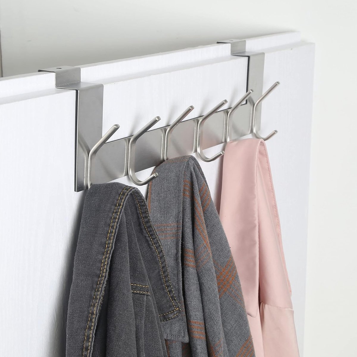 Deurhaak om op te hangen met 6 haken, metalen deurkapstok, deurhaak aan de binnenkant - kledinghaak deur voor handdoekhouder, mantels, zilver