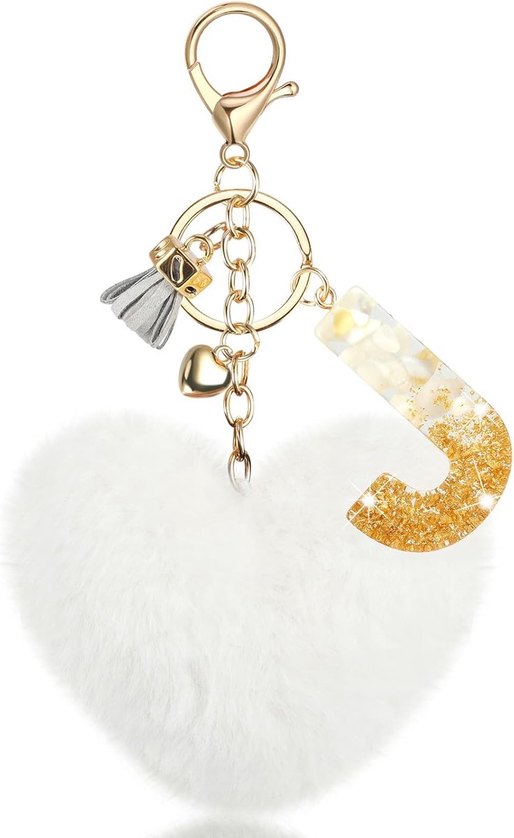 Beginningssleutelhanger, alfabetletter met pompon in hartvorm, zakdecoratie voor vrouwen, decoratie voor sleutels, auto, portemonnee, hanger, sleutelhanger van witte hars