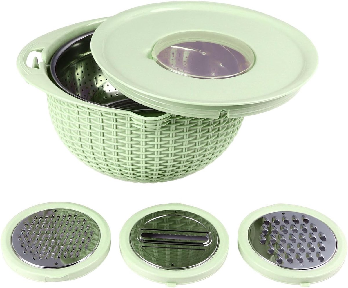 vergiet kom set met rasp bevestigingen, antislip mengkom, ideaal voor spoelen, voorbereiden, raspen van kaas en groenten (groen)