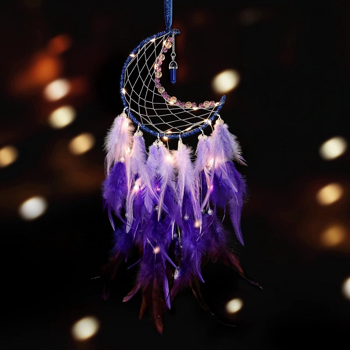 Moon Dream Catcher met Fairy Lights Handgemaakte Kleurrijke Veer Lucky Turquoise Hanger Muur Opknoping Ornament voor Kinderen Thuis Slaapkamer Wanddecoratie Ambacht Gift (Puur Paars)
