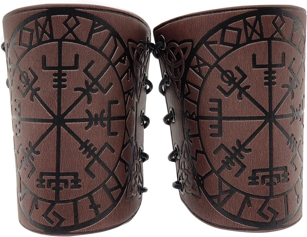 Bracers, Viking Vegvisir Reliëf Arm Bracers Verstelbare Armor Manchet Gauntlet Polsband Nordic Arm Gauntlets Punk Viking Kostuum Accessoires voor Mannen Vrouwen LARP Boogschieten