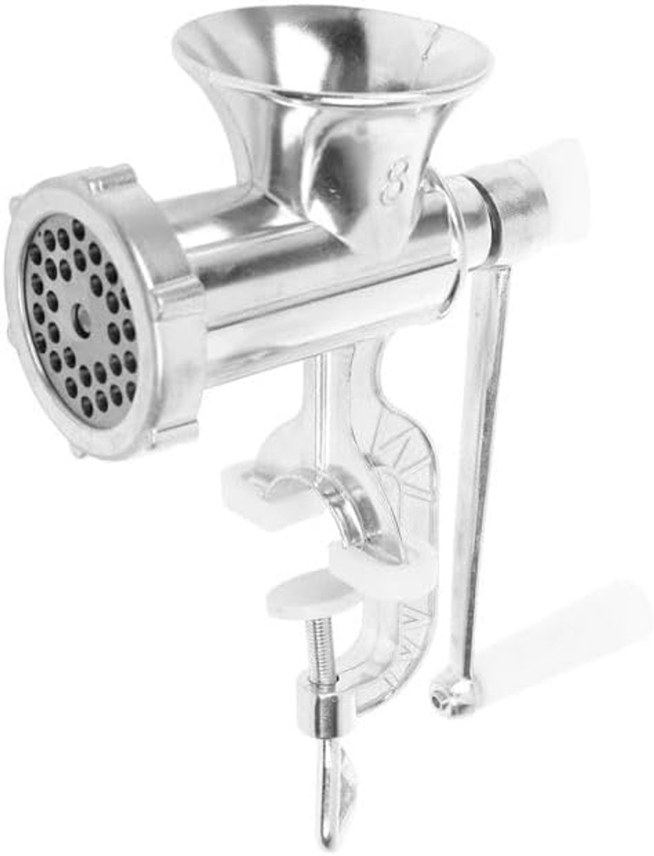 Handmatige vleesmolen aluminium L 13 cm H 24 cm met kunststof handvat met gietijzeren lemmet