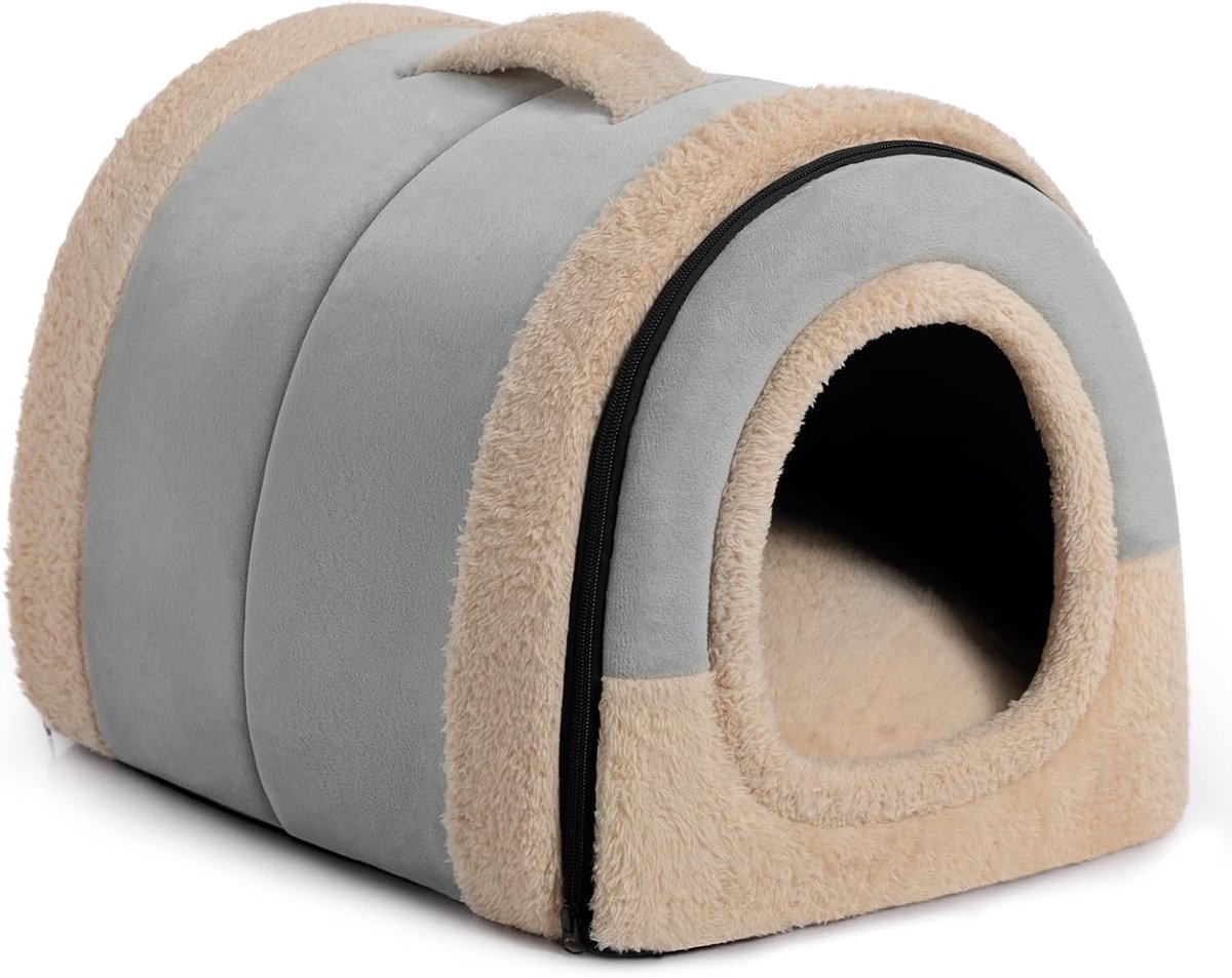Kattenbed Klein Hondenbed, 2-in-1 Opvouwbaar Huisdierbed voor Katten & Kleine Honden, Warm Holtennest Kristalfluweel-Kattenhol Indoor Outdoor, Lichtgrijs