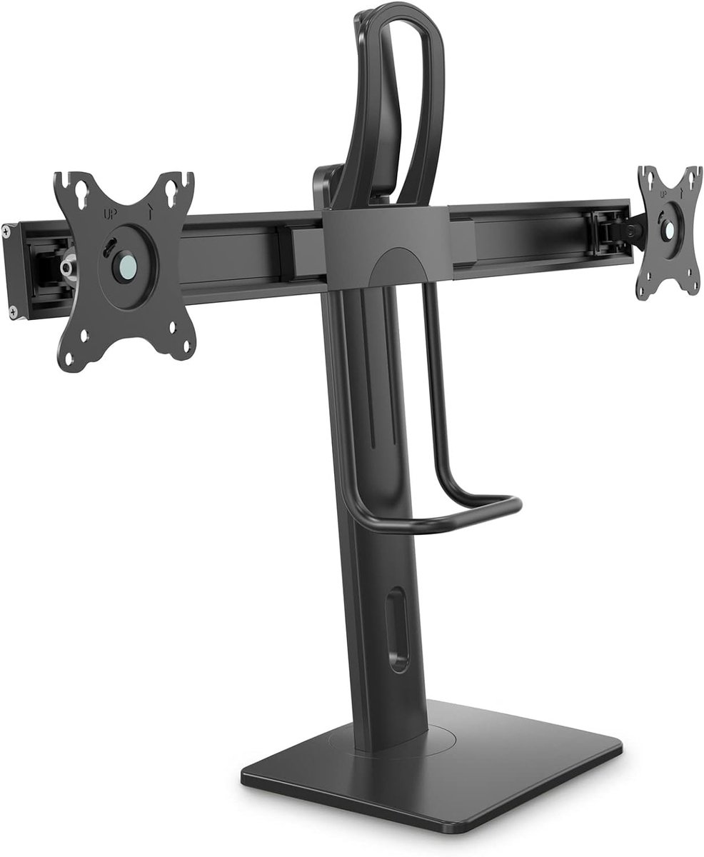 Monitorhouder voor twee schermen, 2 x monitorhouder VESA 75 x 75 naar VESA 100 x 100, traploos in hoogte verstelbaar, kantelbaar, draaibaar, zwart PM-OFFICE-ST-02