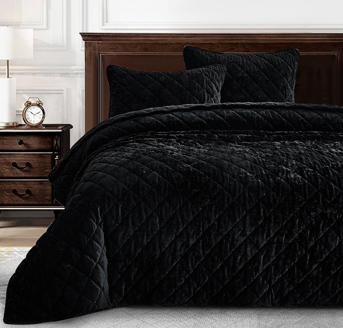 Collection Lux Zwart Fluwelen Quilt King Set, 3-delig Weelderig Pluche Verweerd Fluwelen Beddengoed Alle Seizoen Lichtgewicht Dekbed Geborsteld Microfiber Reverse met Diamantsteek Quilten