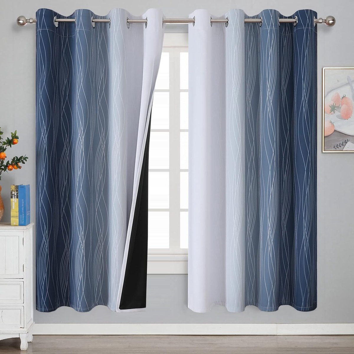 kleurverloop verduisterend, thermogordijn hittebescherming, gordijnen, dichte gordijnen voor woonkamer, slaapkamer gordijnen, H 183 x B 132 cm, donkerblauw en wit, set van 2