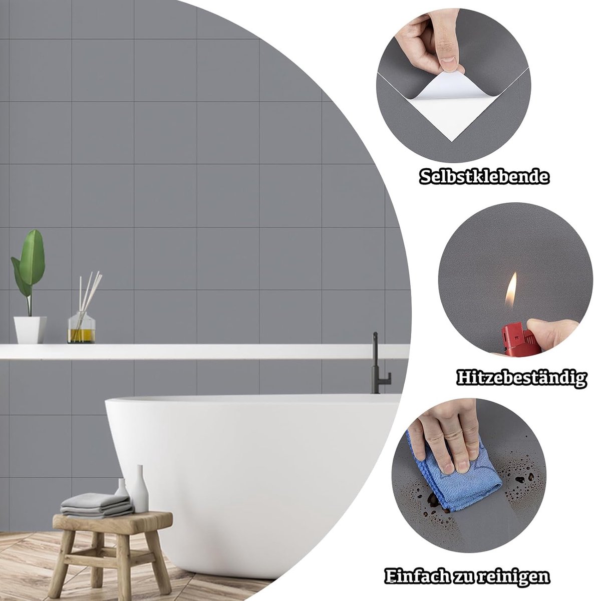 Tegelstickers voor keuken, zelfklevend, grijs, 24 stuks, 15 x 15 cm | Peel and Stick Wandtegels voor keuken, muurstickers voor badkamer, zelfklevend, voor keuken