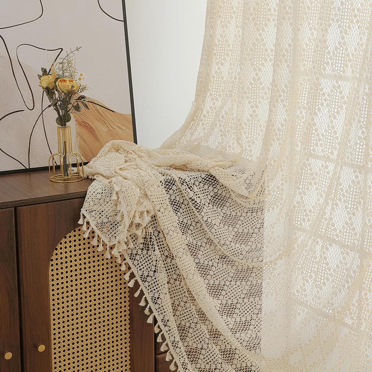 Gordijnen met plooiband, beige, gordijn met kwastjes, boho-gordijn, gehaakt, breien, plooiband, woonkamer, modern, voile, railsysteem, slaapkamer, gordijnen, set van 2, 150 x 230 cm