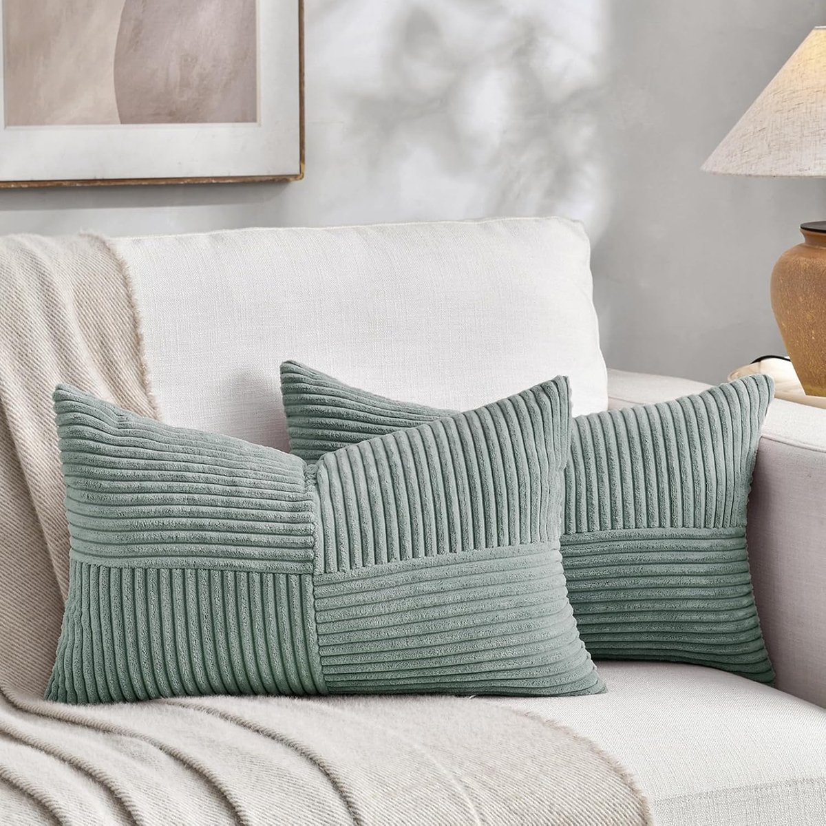Set van 2 kussenhoezen, boho, corduroy, 30 x 50 cm, grijsblauw, zacht, decoratief, klassiek patroon met gekruiste strepen, onzichtbare ritssluiting, voor bank, bed, thuis