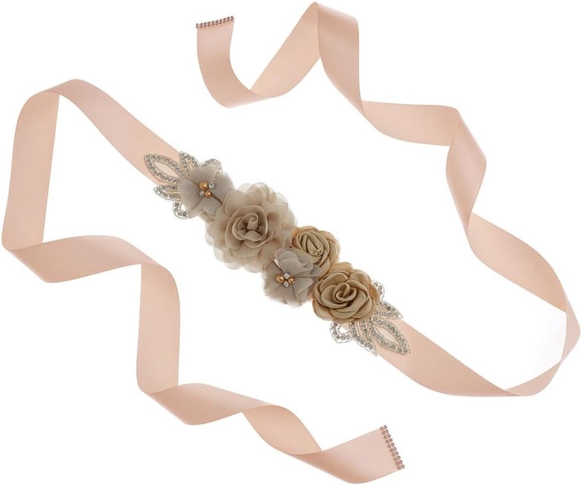 Trouwriem voor dames, sjerp, bloem, bruidsriem, sjerp, bruiloft, feest, bruidsjurk, sjerp, strass, tailleriem, bruiloft, sieradenriem, jurk, accessoires, bruiloft, tailleriem, jurk (270 cm lang), Kaki