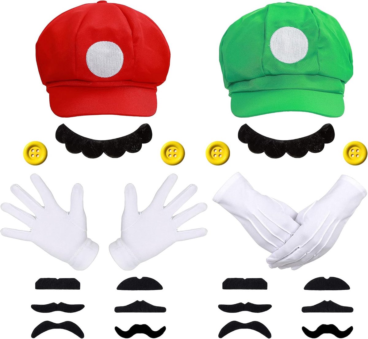 iZoeL Mario Bros Hoed Met M en Luigi-Hoeden Met L - Caps, Snor, Handschoenen, Knopen - Cosplay Kostuum voor Halloween Vrouwen Mannen Kinderen