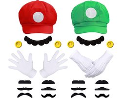 iZoeL Mario Bros Hoed Met M en Luigi-Hoeden Met L - Caps, Snor, Handschoenen, Knopen - Cosplay Kostuum voor Halloween Vrouwen Mannen Kinderen