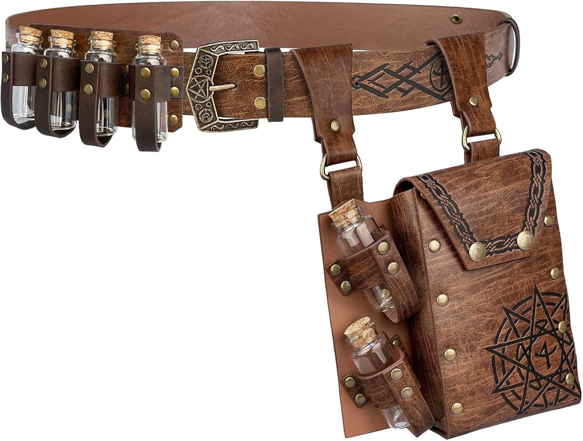 3 PCs Middeleeuwse Alchemie Riem Taille Pak Combo met Meerdere Drankflessen, Viking Rivet Riem Zijtasje voor Cosplay (Bruin D)