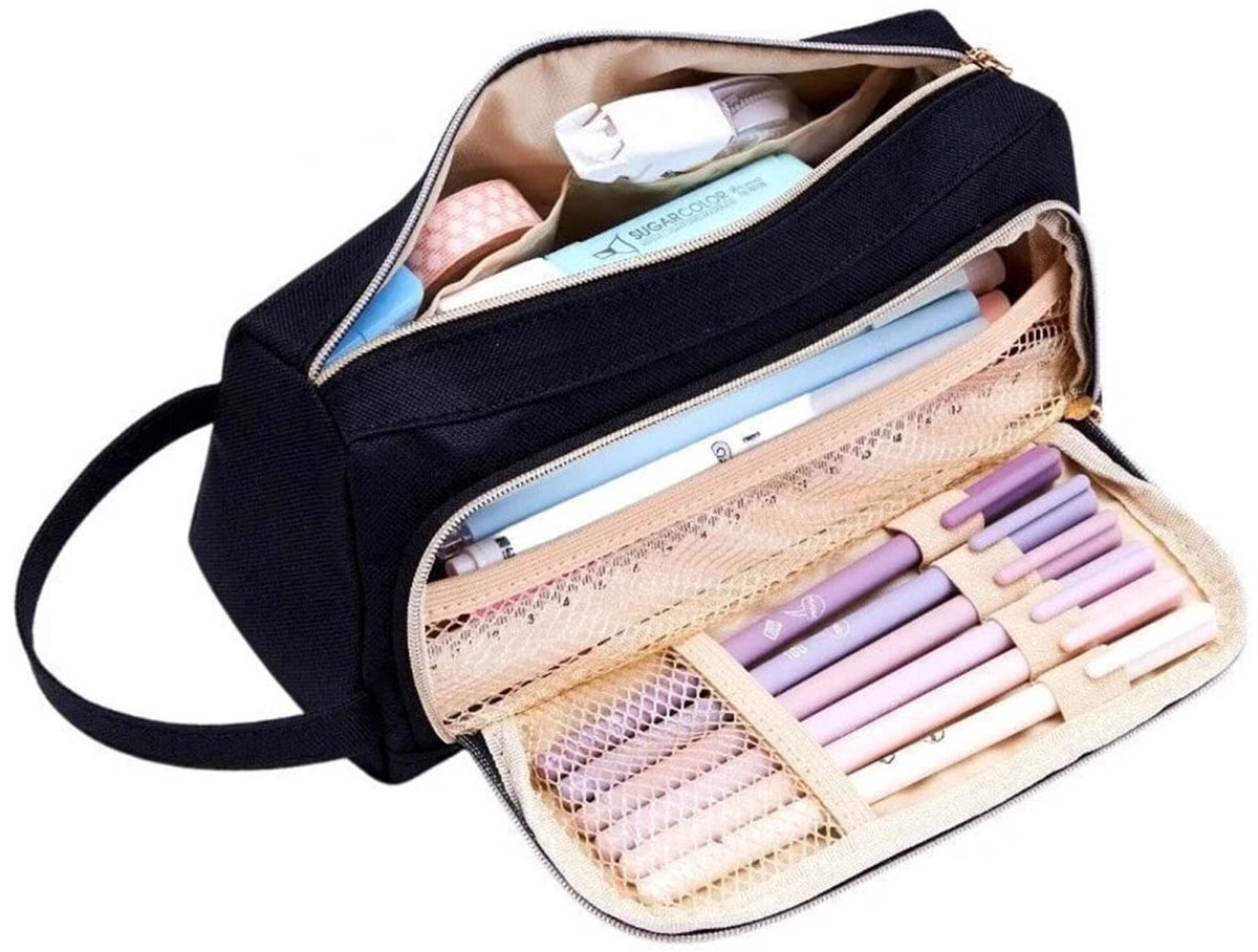 Etui - Opbergetui - Pennenetui - Organiser - Pencil case - Groot formaat - Schoolspullen - School etui - Zwart - 20 cm - Jonyx