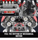 Close-ups van de bouwstenen motor: bewegende zuigers, tandwielen en rode cilinders. Tekst: "FEEL THE RHYTHM OF MECHANICAL MOTION".
