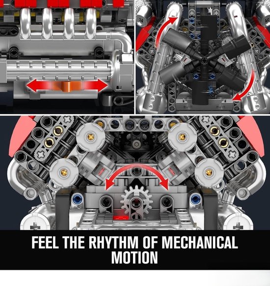 Close-ups van de bouwstenen motor: bewegende zuigers, tandwielen en rode cilinders. Tekst: "FEEL THE RHYTHM OF MECHANICAL MOTION".