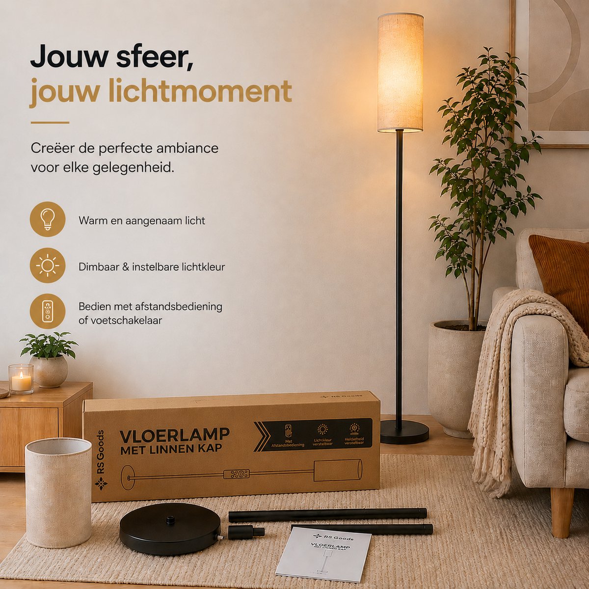Vloerlamp - Staande Lamp - Helderheid & Lichtkleur Verstelbaar - Met Afstandsbediening - Leeslamp - Staanlamp - Staande Lampen Woonkamer - Stalamp - Smartlamp - Booglamp - Linnen Kap thumbnail 5