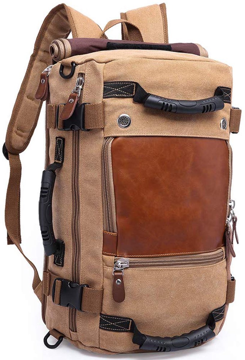 SnelShoppen - Reisrugzak Canvas Plunjezak voor Reizen, Lederen Vintage Reistas voor Mannen, 15,6 inch Laptop Rugzak, Khaki Weekender Tas