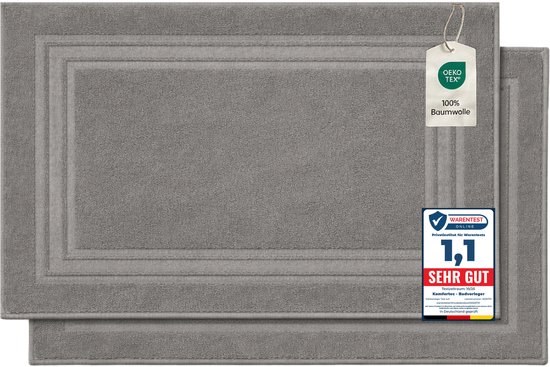 Deux tapis de bain gris argenté 100% coton avec labels OEKO-TEX et Warentest "SEHR GUT".