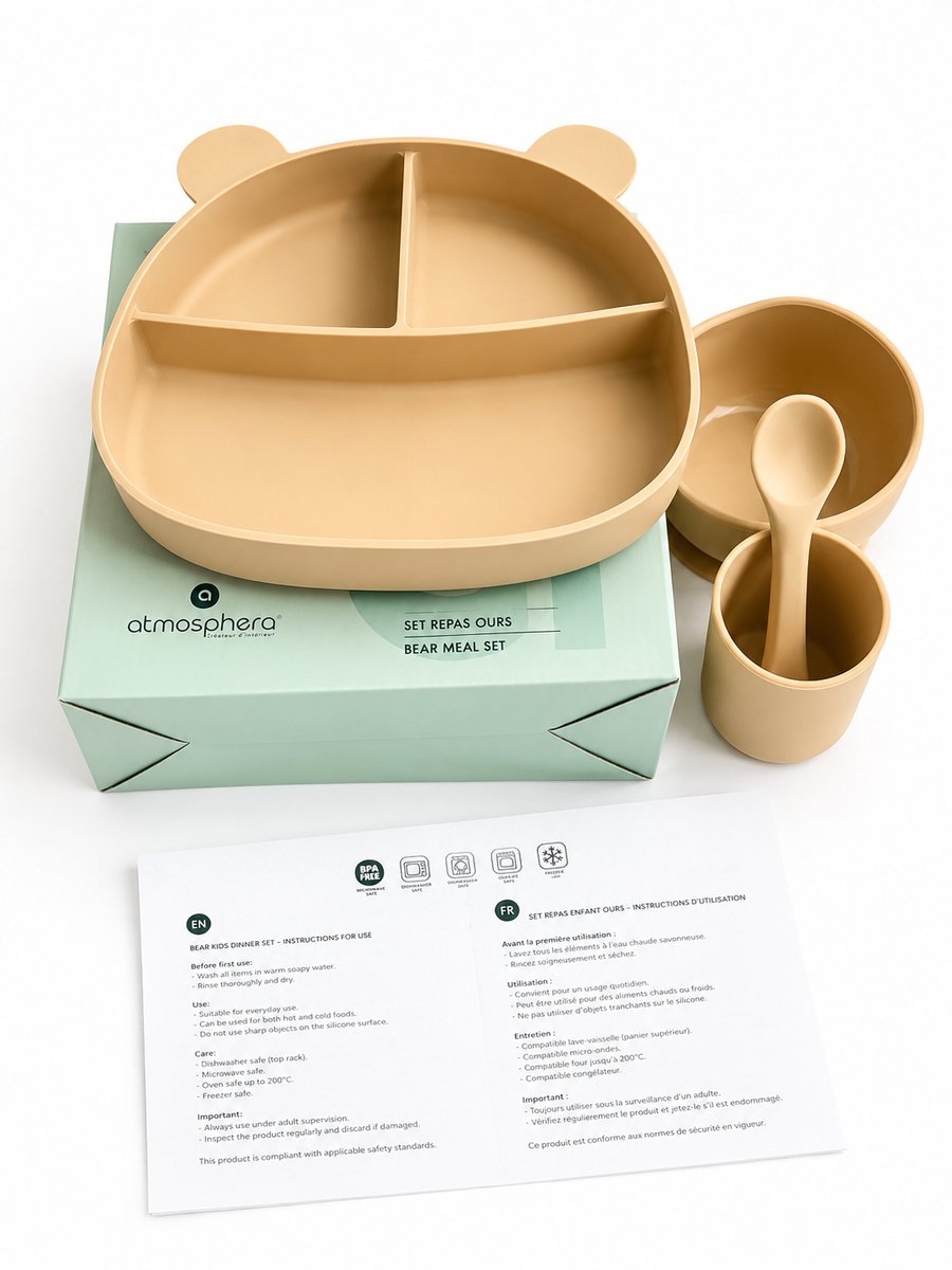 4-delige Complete Siliconen Eetset voor Peuters ATMHOSFERA beige, baby oefen service, baby cadeau, kado