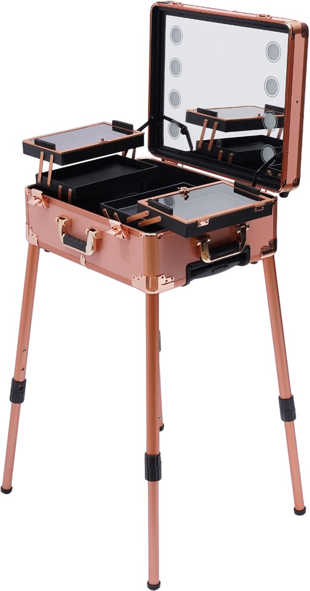 M-Goods Professionele Make-upkoffer met LED Spiegel - Trolley op Wielen - 3 Niveaus - Verstelbare Poten tot 82 cm