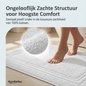 Witte badmat met zachte, pluizige textuur en een gedetailleerde close-up van de stof.