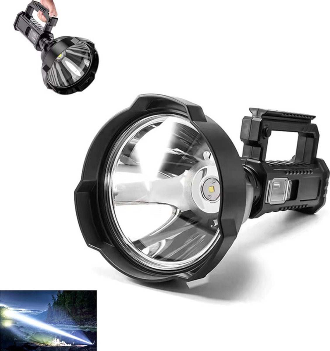 KZQ Professionele krachtige zaklamp – Draagbare LED-schijnwerper met groot bereik – 6000 mAh / 3000 lumen – 4 lichtstanden – Oplaadbaar via USB – IPX4-waterbestendig – Ideaal voor kamperen en buitenactiviteiten – 15,7 x 15,7 x 30 cm
