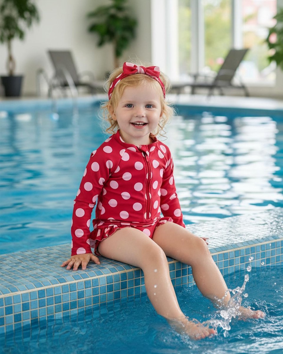 SnelShoppen - Babyzwempak Meisjes 3-delige Set 3M-3T - Peuter Zwemkostuum Lange Mouwen UPF 50+ met Hoed en Hoofdband, Rood met Stippen, 12-18 Maanden